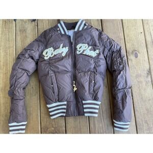 Vintage Y2K Women's Baby Phat Puffer Jacket Coat Brown Gold Embroidered Logo